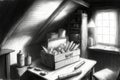 pencil sketch of an attic, with boxes and trinkets, offering a peek into the past Royalty Free Stock Photo