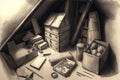 pencil sketch of an attic, with boxes and trinkets, offering a peek into the past Royalty Free Stock Photo