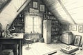 pencil sketch of attic filled with books, trinkets and memories Royalty Free Stock Photo