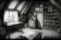 pencil sketch of attic filled with books, trinkets and memories Royalty Free Stock Photo