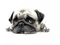 Pencil sketch of close-up face cute pug puppy dog sleeping by chin and tongue lay down on floor