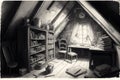 pencil sketch of cluttered attic with vintage furniture, books, and knickknacks