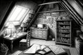 pencil sketch of cluttered attic with vintage furniture, books, and knickknacks