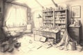 pencil sketch of cluttered attic with vintage furniture, books, and knickknacks