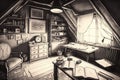 pencil sketch of cluttered attic with vintage furniture, books, and knickknacks