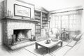 pencil sketch of cozy living room, with fireplace and bookshelves visible