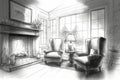 pencil sketch of cozy living room, with fireplace and cozy armchairs, on rainy day