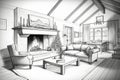pencil sketch of cozy living room, with fireplace and warm decor