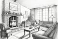 pencil sketch of cozy living room, with fireplace and warm decor