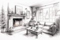 pencil sketch of cozy living room, with fireplace and warm decor