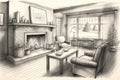 pencil sketch of cozy living room, with fireplace and warm decor