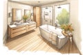 Pencil Sketch Cozy Scandinavian Bath Interior extreme closeup. Generative AI