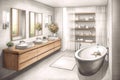 Pencil Sketch Cozy Scandinavian Bath Interior extreme closeup. Generative AI