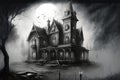 pencil-sketch of dark and mysterious gothic house surrounded by misty fog, with moon visible in the sky