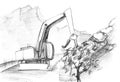 Pencil sketch of excavator clearing stone blockage on serpentine in mountains. Working machine removing blocks of stones among