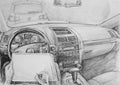 Pencil sketch inside the car