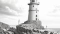 A pencil sketch of a lighthouse standing tall on a rugged coastal cliff.