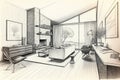 a pencil sketch of a living room with minimalist design, featuring clean lines and natural materials