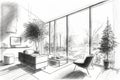 pencil sketch of living room with minimalist furniture, view of the park and sunshine