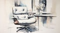 Eames Lounge Chair: Frank Cline Illustration In Ink Wash Style