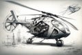 a pencil sketch of a modern and sleek chopper, with the design elements in focus and ready for flight
