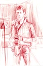 Hand made Sketch of saxophonist playing music on stage pencil on the paper interior design poster