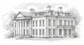 Pencil sketch of a neoclassical mansion with a symmetrical facade. Features a Royalty Free Stock Photo