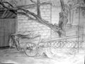 Pencil Sketch Of A Part Of The Courtyard With An Old Tree, A Brick Building, A Fence And A Wheelbarrow.