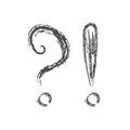 Pencil sketch of a question mark and exclamation mark in the style of Doodle. Isolated on white background, empty outline