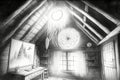 pencil sketch of quiet, peaceful attic with dreamcatcher hanging from the ceiling