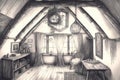 pencil sketch of quiet, peaceful attic with dreamcatcher hanging from the ceiling