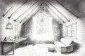 pencil sketch of quiet, peaceful attic with dreamcatcher hanging from the ceiling