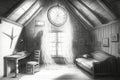 pencil sketch of quiet, peaceful attic with dreamcatcher hanging from the ceiling