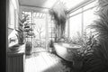 pencil sketch of serene bathroom filled with natural light, surrounded by plants