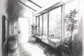 pencil sketch of serene bathroom filled with natural light, surrounded by plants