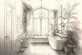 pencil sketch of serene bathroom filled with natural light, surrounded by plants