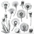 pencil sketch set of fluffy dry dandelions flowers on white background Royalty Free Stock Photo