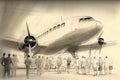 pencil sketch of sleek and speedy aircraft, with people boarding for flight