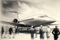 pencil sketch of sleek and speedy aircraft, with people boarding for flight