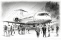 pencil sketch of sleek and speedy aircraft, with people boarding for flight