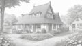 Pencil sketch of a small, charming cottage surrounded by a vibrant garden