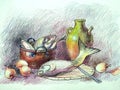 Still life with three fish, a jug and onions