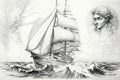 pencil sketch of yacht with figurehead and bow wave in the background