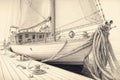 pencil sketch of yacht with figurehead and ropes on deck, close-up view