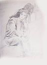 Pencil Sketch Of A Young Girl Sitting On A Foot Path And Waiting