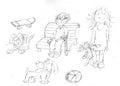 Pencil sketchespencil sketches of little dogs with doll, old upward bench