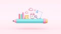 pencil stationery pastel float learning school kids cute bookshelf table lamp clock light bulb study children pink background.