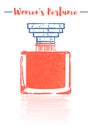 Pencil and textured style orange vector illustration of a beauty utensil perfume bottle product full of flowers fragrances