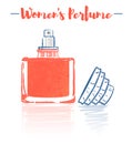 Pencil and textured style orange vector illustration of a beauty utensil perfume bottle product full of flowers fragrances