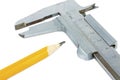 Pencil and vernier caliper close-up on a white background Royalty Free Stock Photo